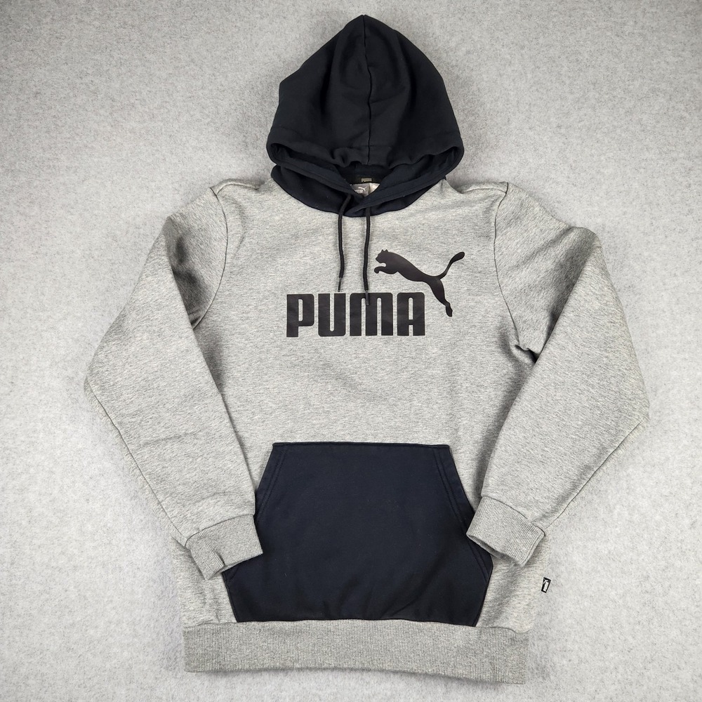 PUMA Men's Small Grey Black Logo Hoodie Pullover Sweatshirt Athletic Casual